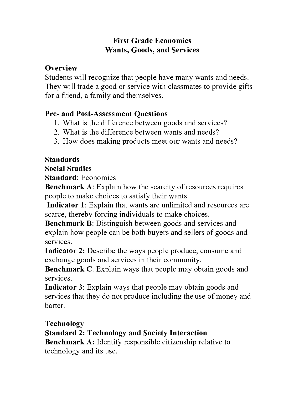 Goods and Services Worksheet First Grade