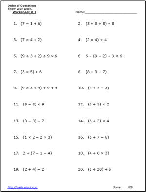 Order of Operations Worksheets 5th