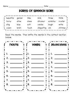 Parts of Speech Sort Worksheet