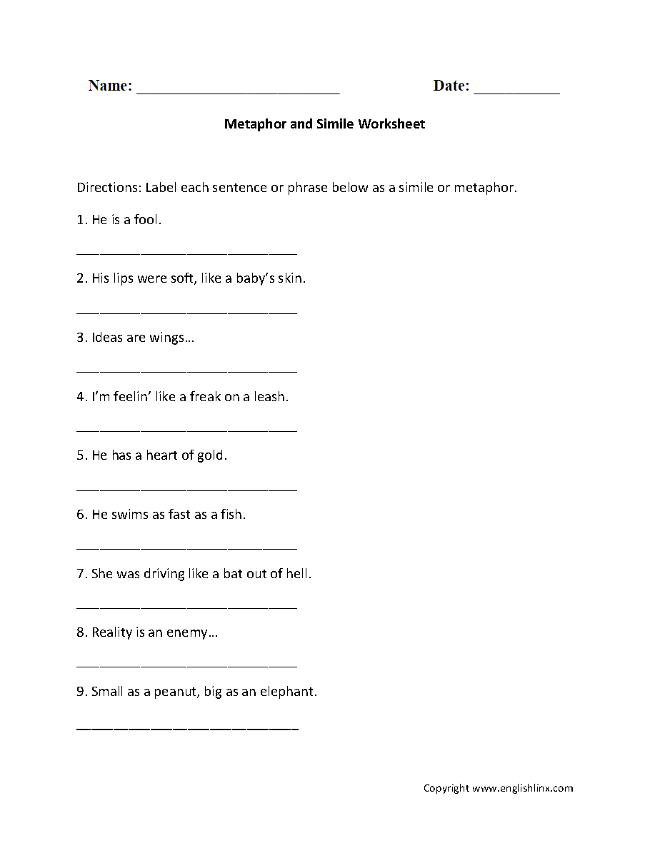 Similes and Metaphors Worksheets 4th Grade