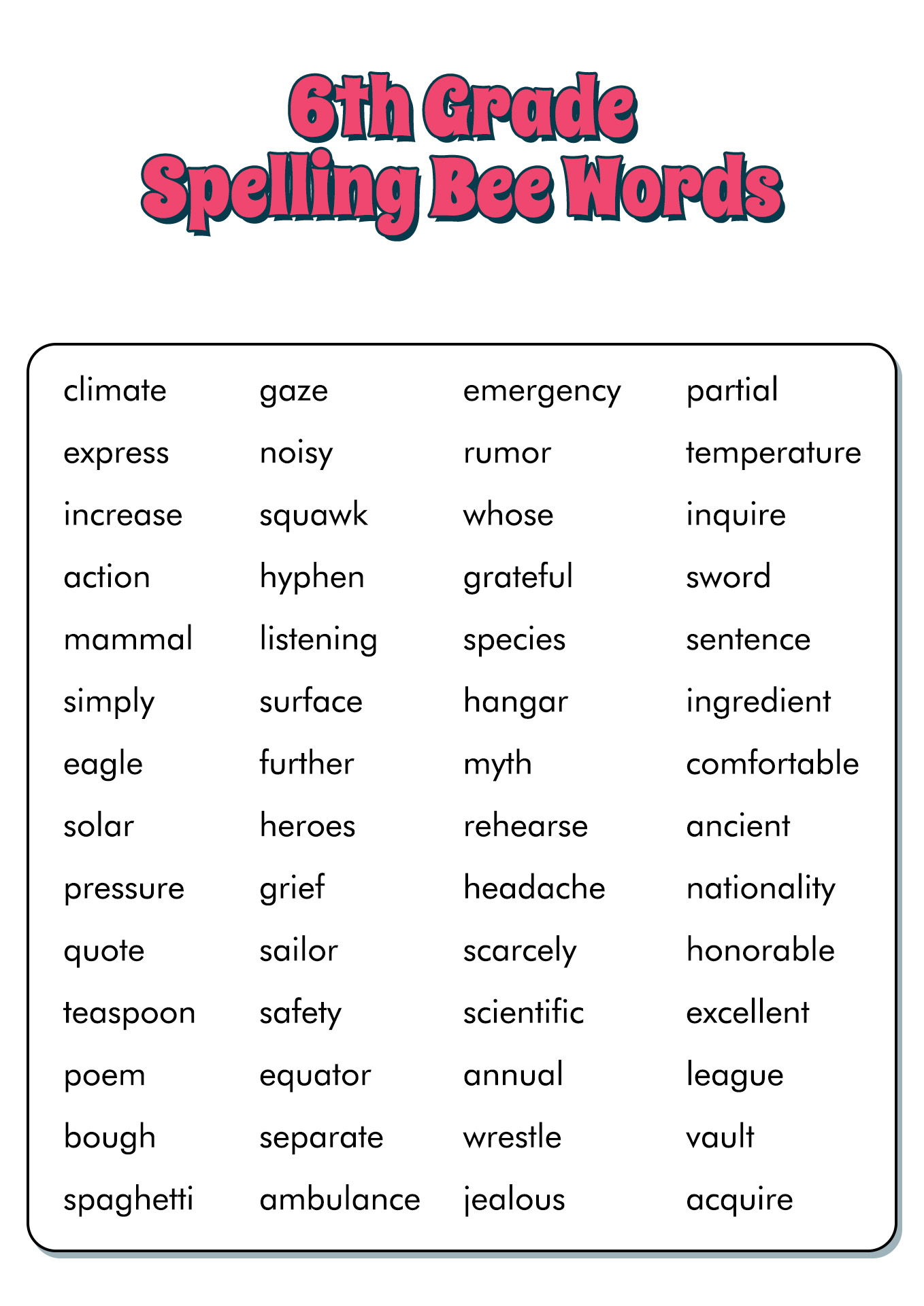 6th Grade Spelling Bee Words List