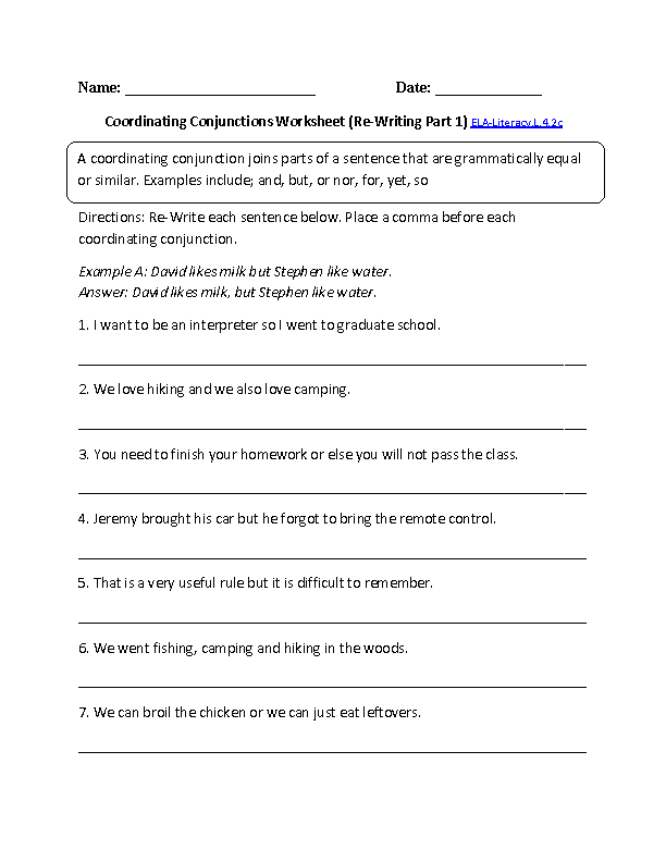 Coordinating Conjunction Worksheets 4th Grade