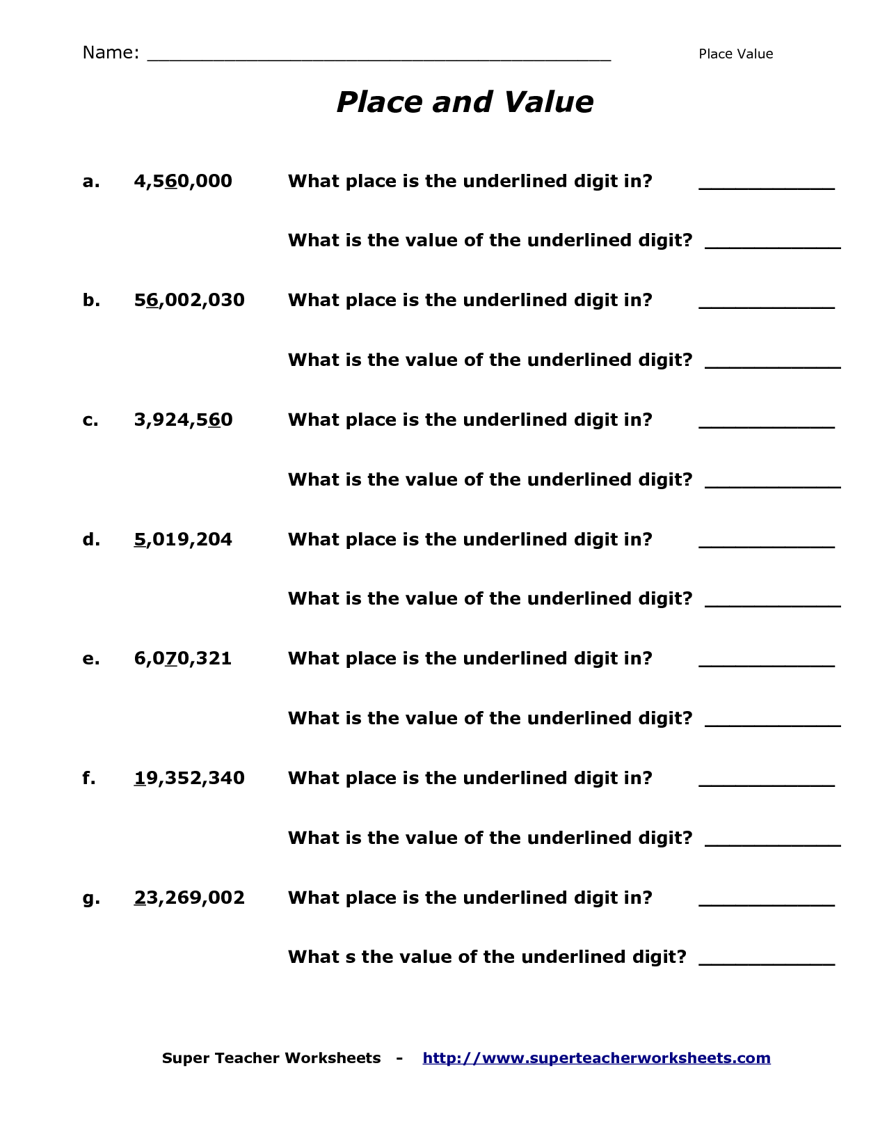 What Is The Value Of The Underlined Digit Worksheet Answers Printable Word Searches