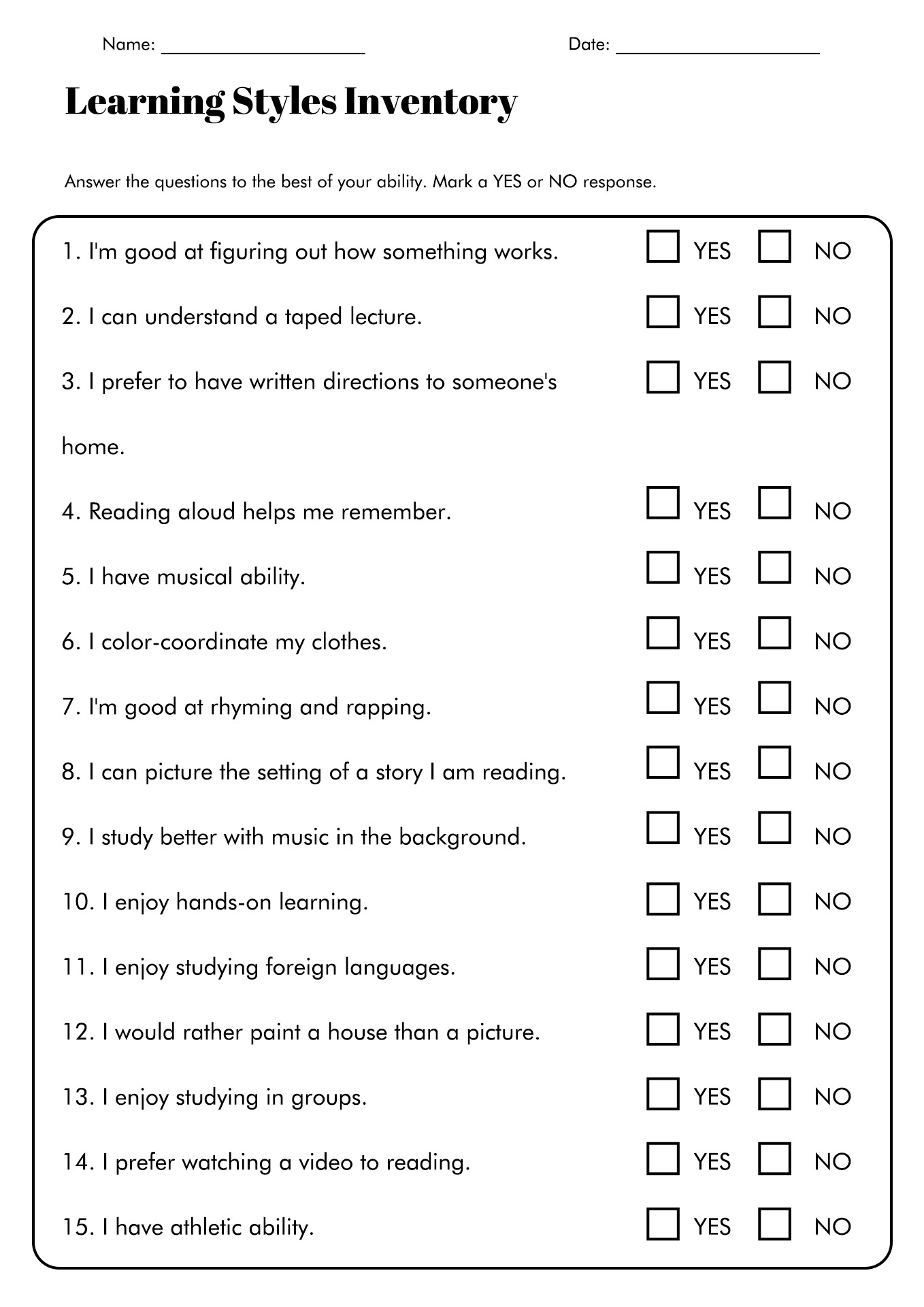 7 Learning Styles Quiz Printable