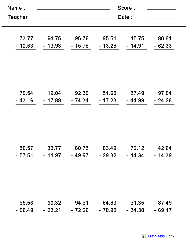 Subtraction Worksheets with Decimals