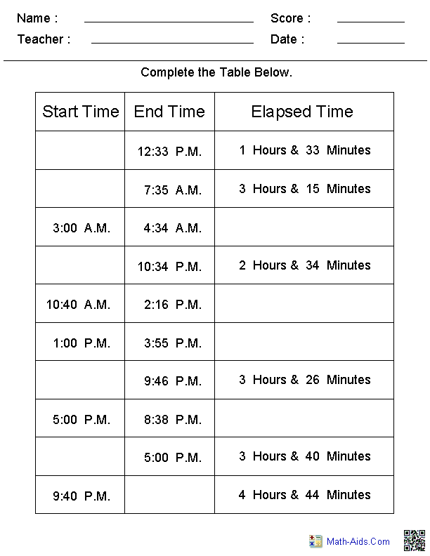 Table Elapsed Time Worksheets