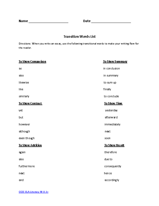 8th Grade Writing Transition Words