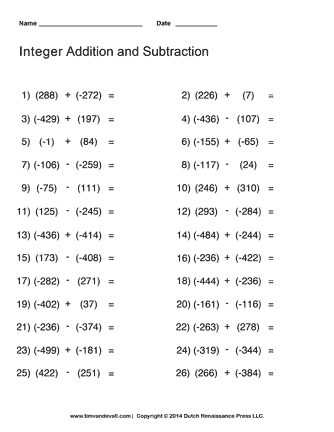 Adding and Subtracting Integers Worksheet