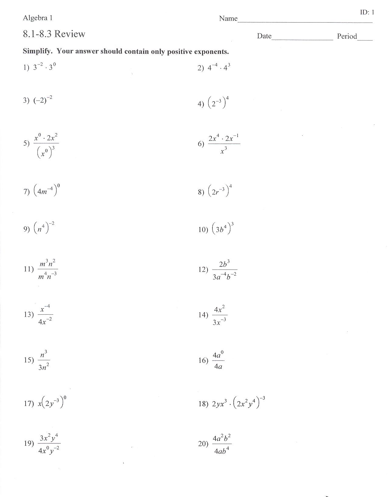 Exponent Rules Review Worksheet With Answers