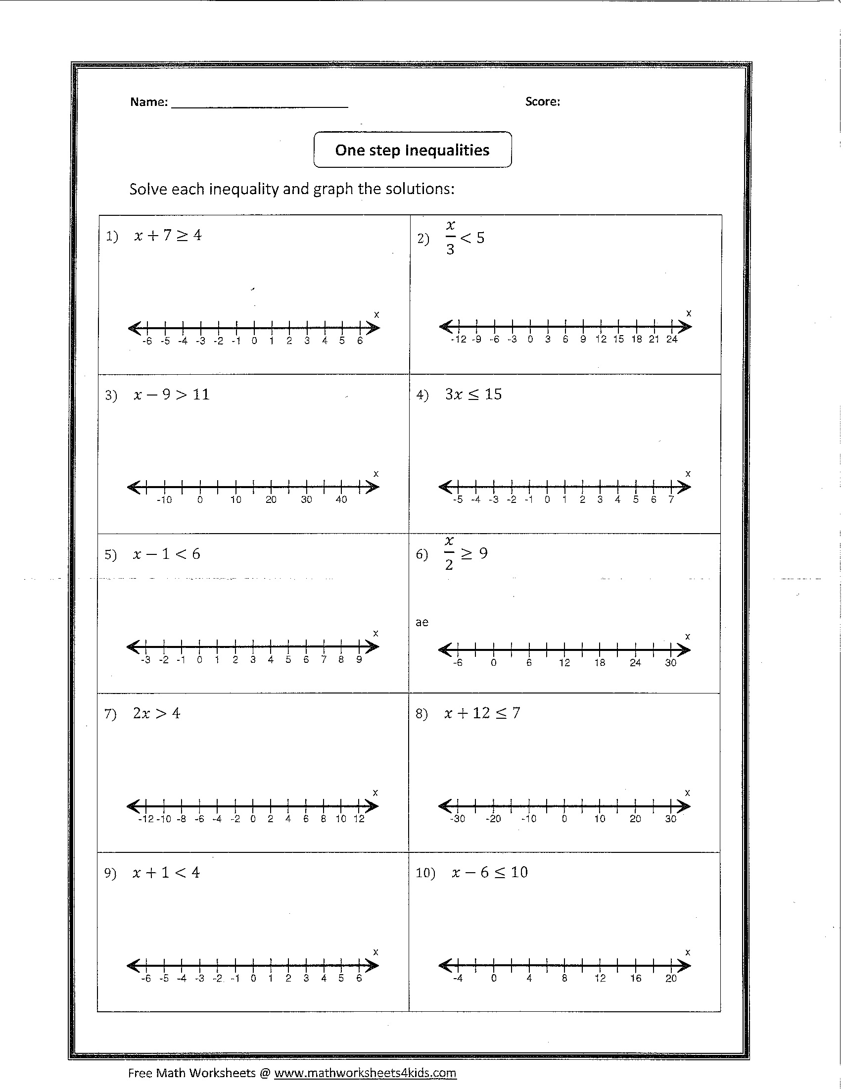 One Step Inequalities Worksheet