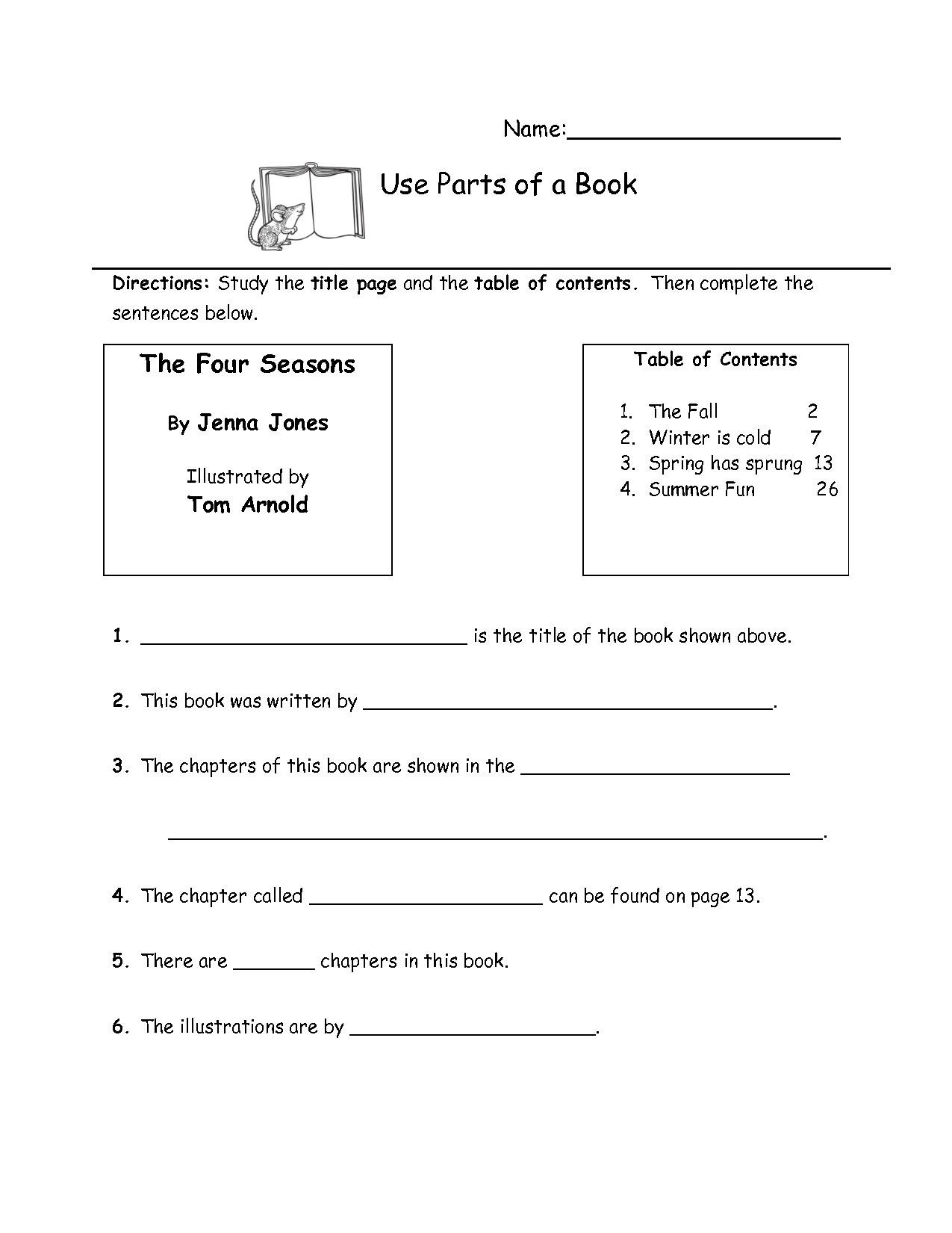 Parts of a Book First Grade Worksheet