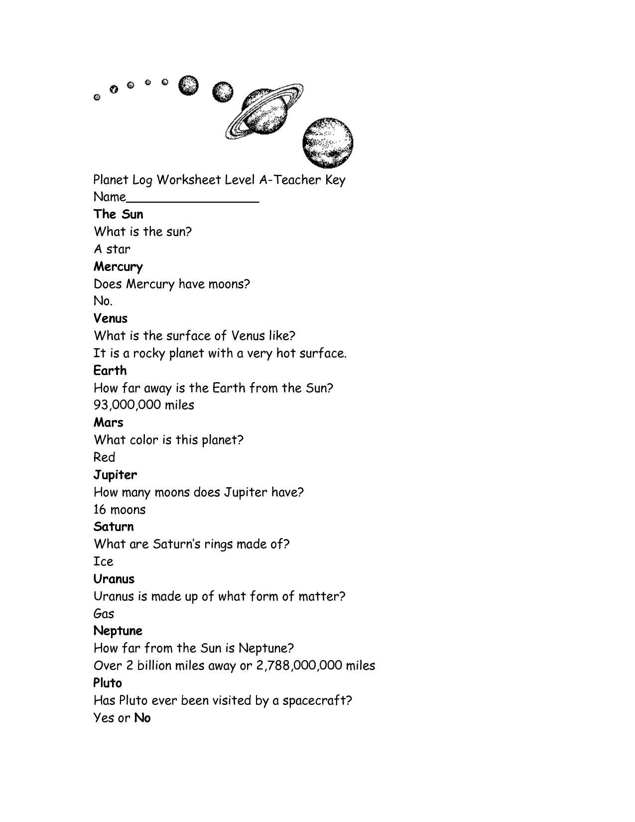 Planet Mercury Worksheets