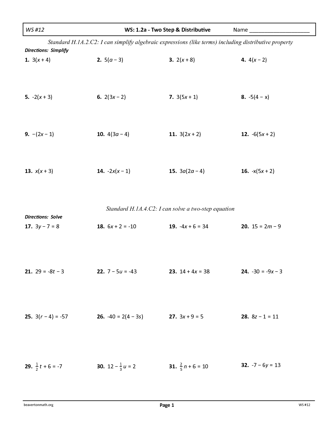 Two-Step Equations Worksheet