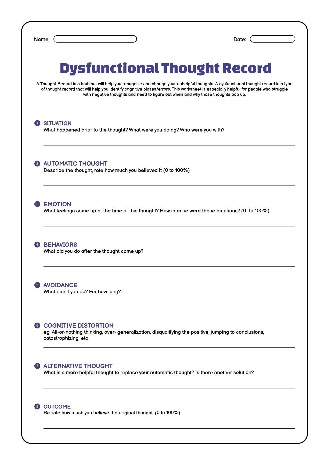 CBT Dysfunctional Thought Record Worksheet