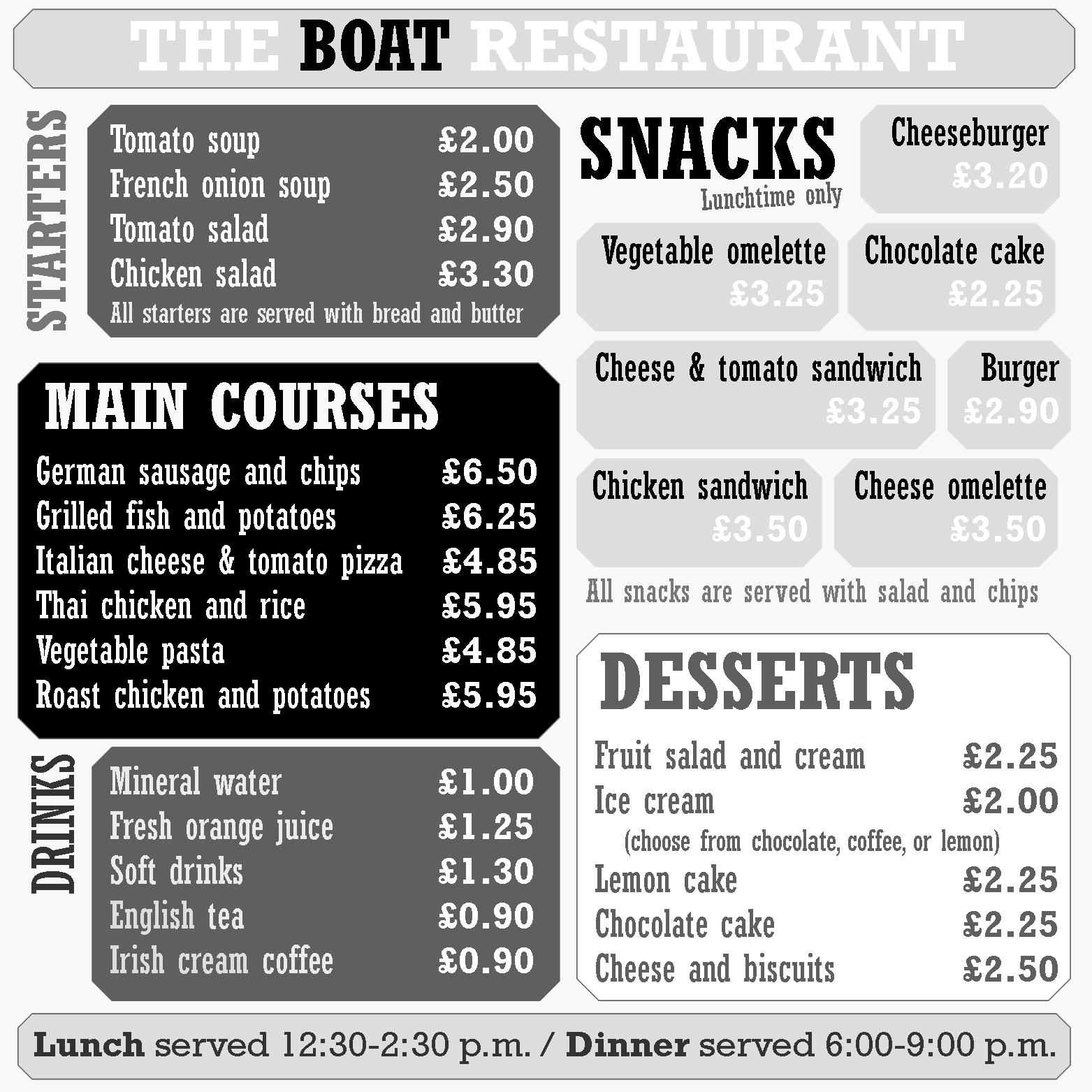 English Food Restaurants Menus