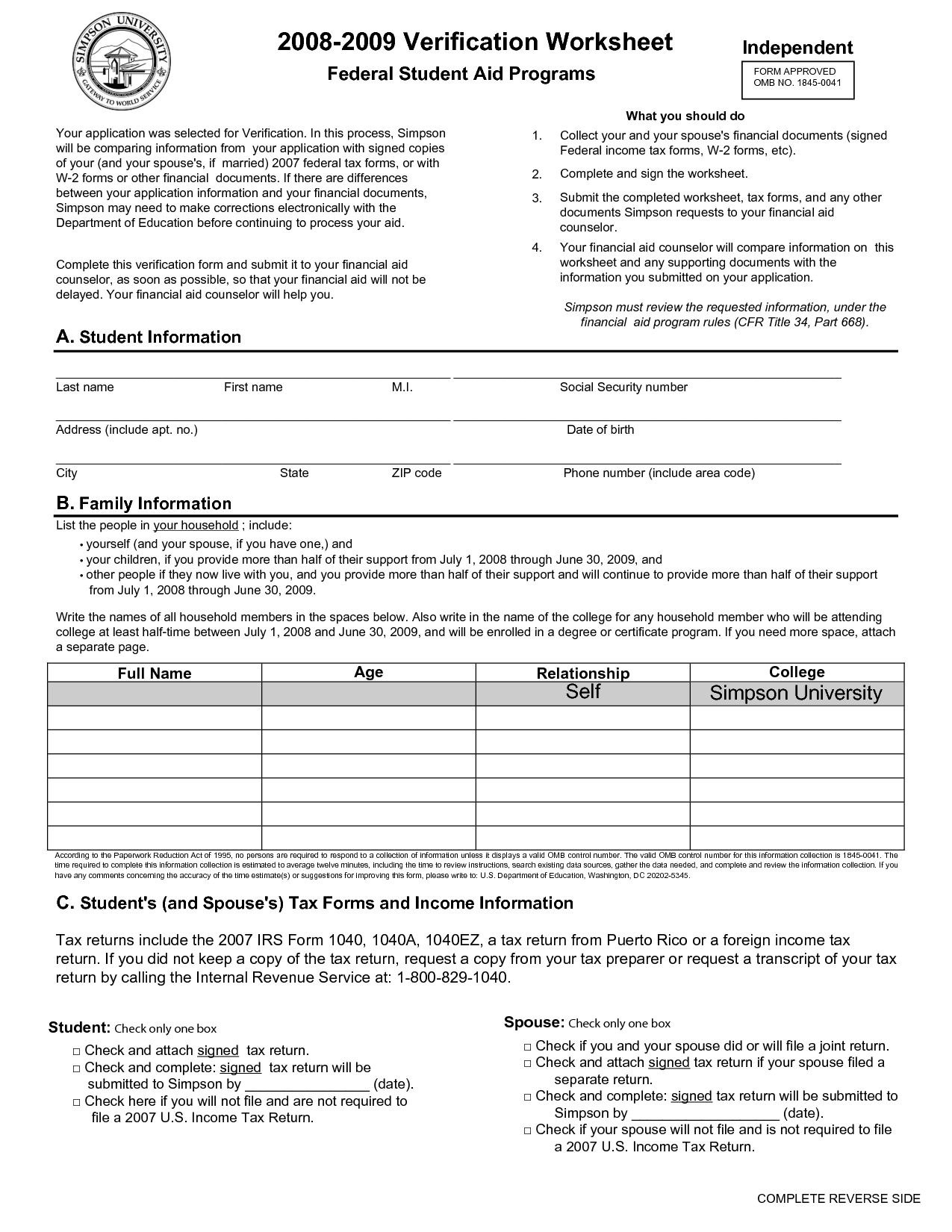 Financial Aid Verification Form