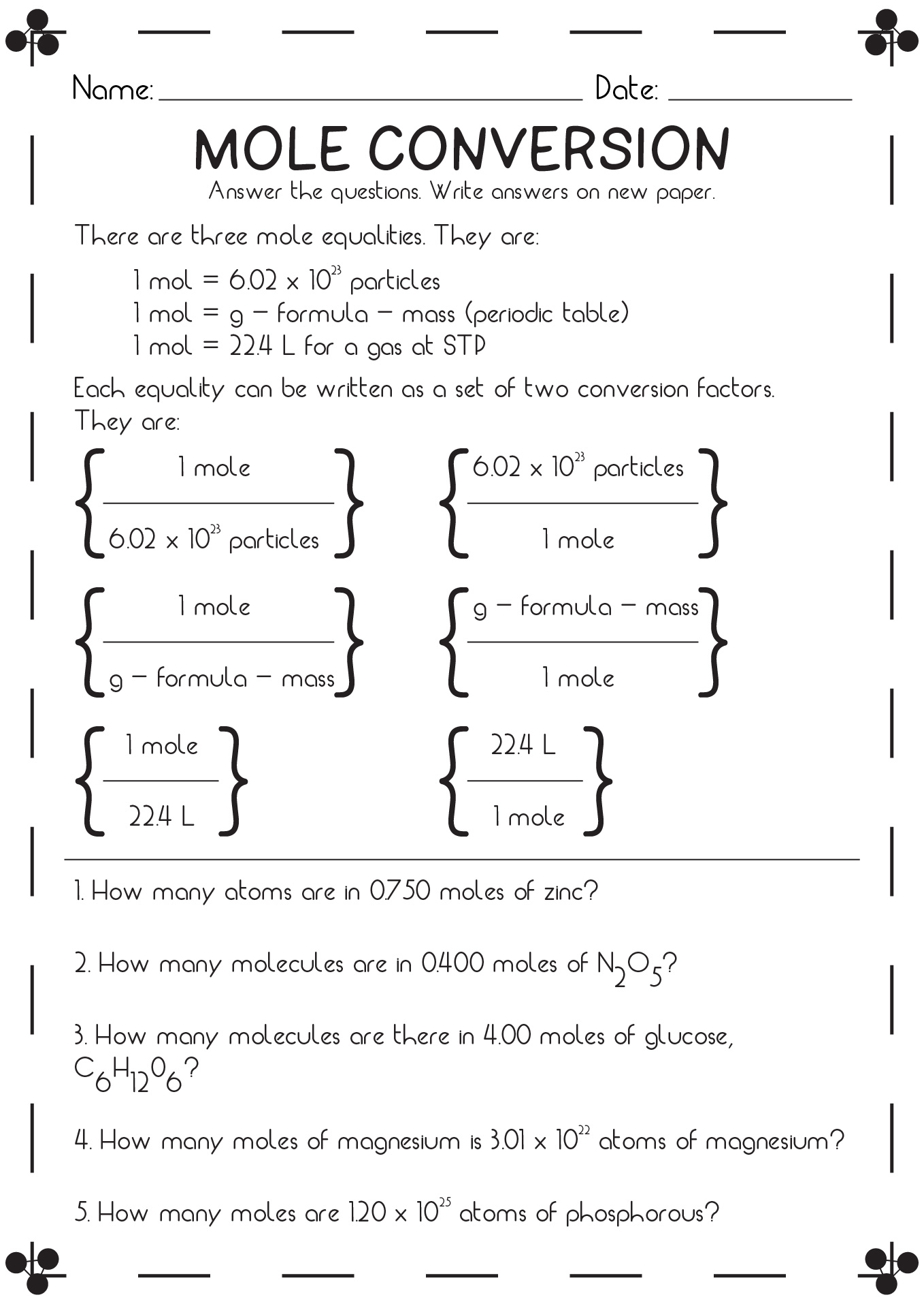 Molar Conversion Worksheet Answers