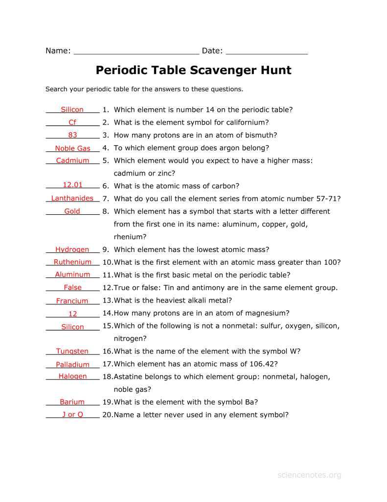 Periodic Table Scavenger Hunt Worksheet Answer Key