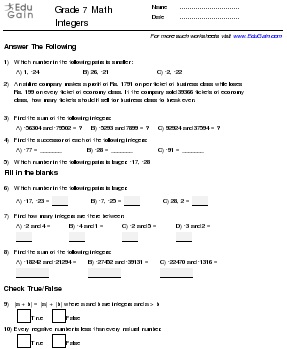 Printable Math Worksheets Integers Grade 7