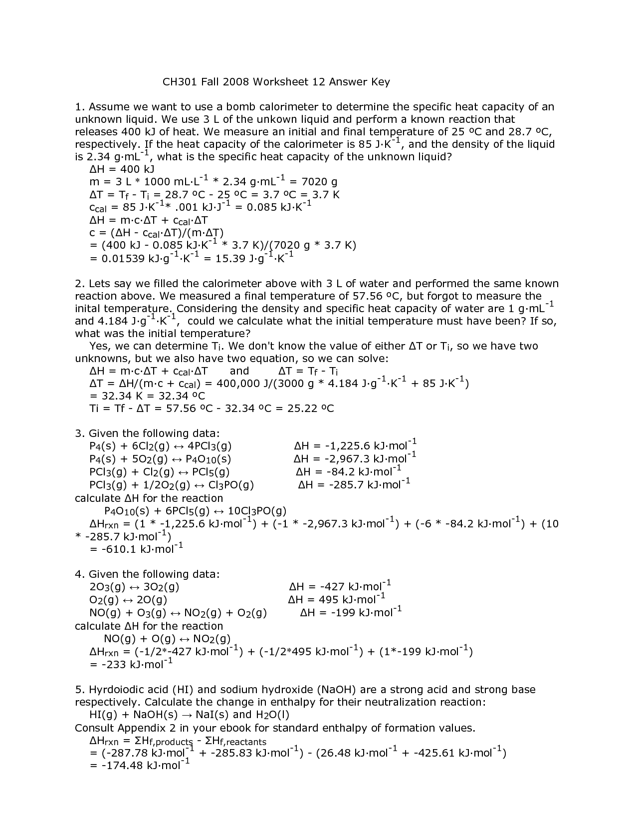 Specific Heat Worksheet Answer Key