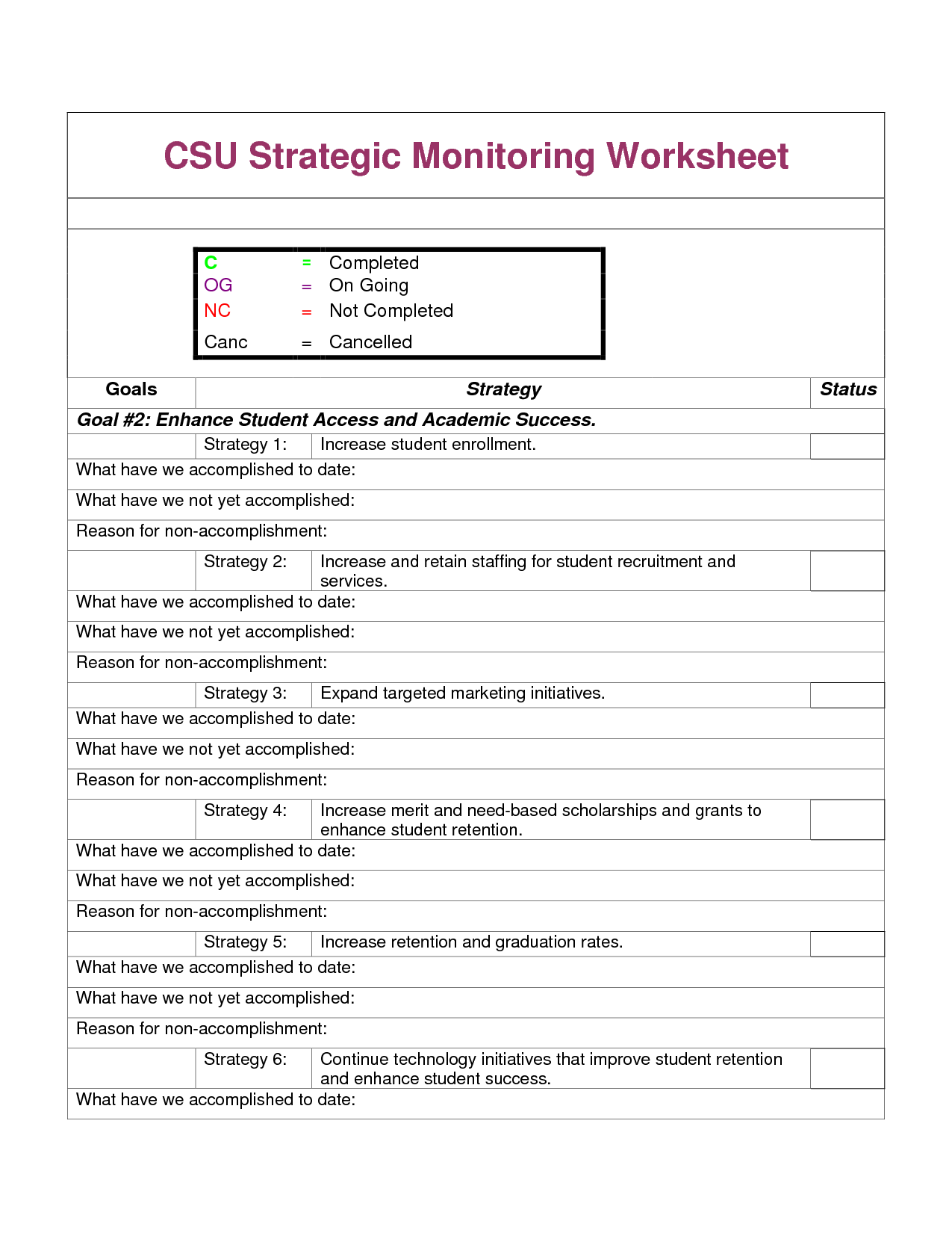 Academic Success Plan Worksheet