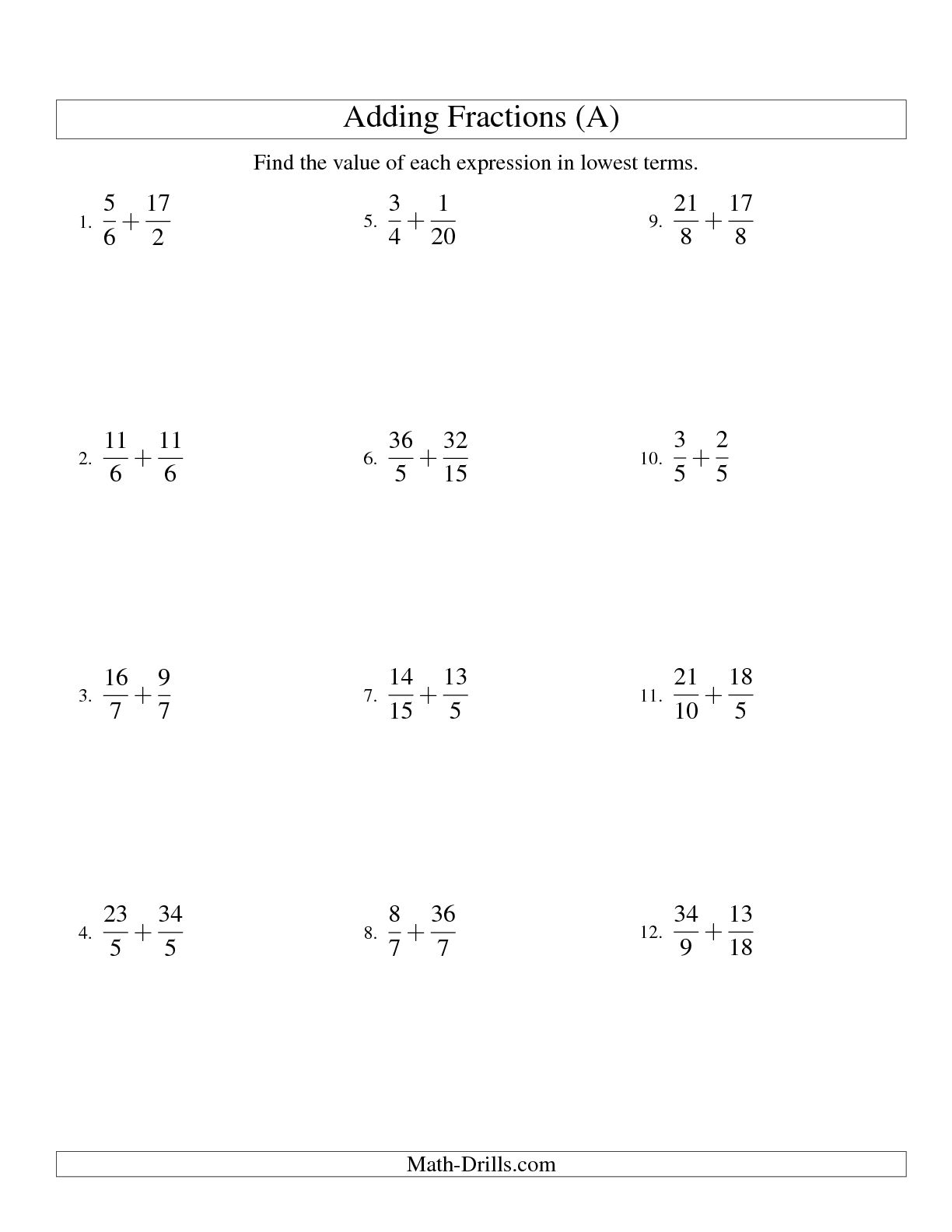 Adding Fractions Common Denominator Worksheet