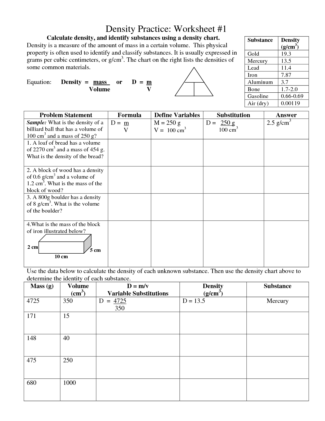 Density Practice Worksheet 1