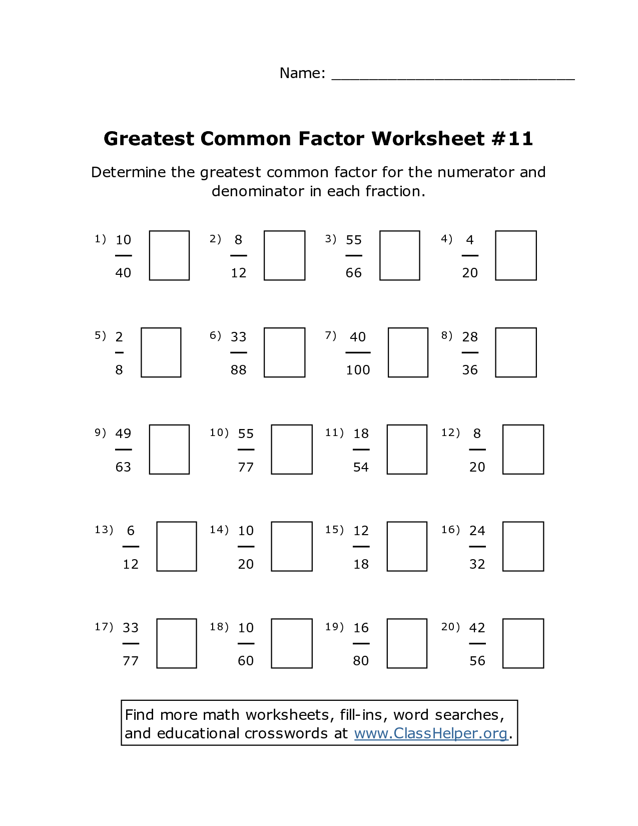 Greatest Common Factor Worksheet Math Aids