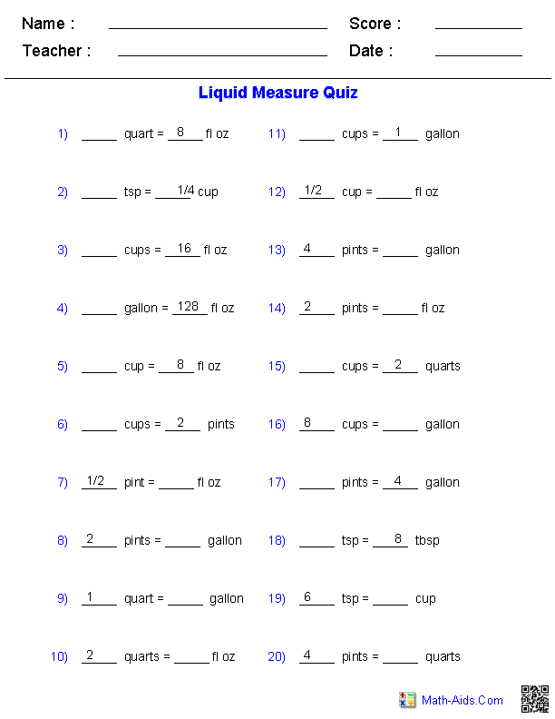 Liquid Measurement Conversion Worksheets