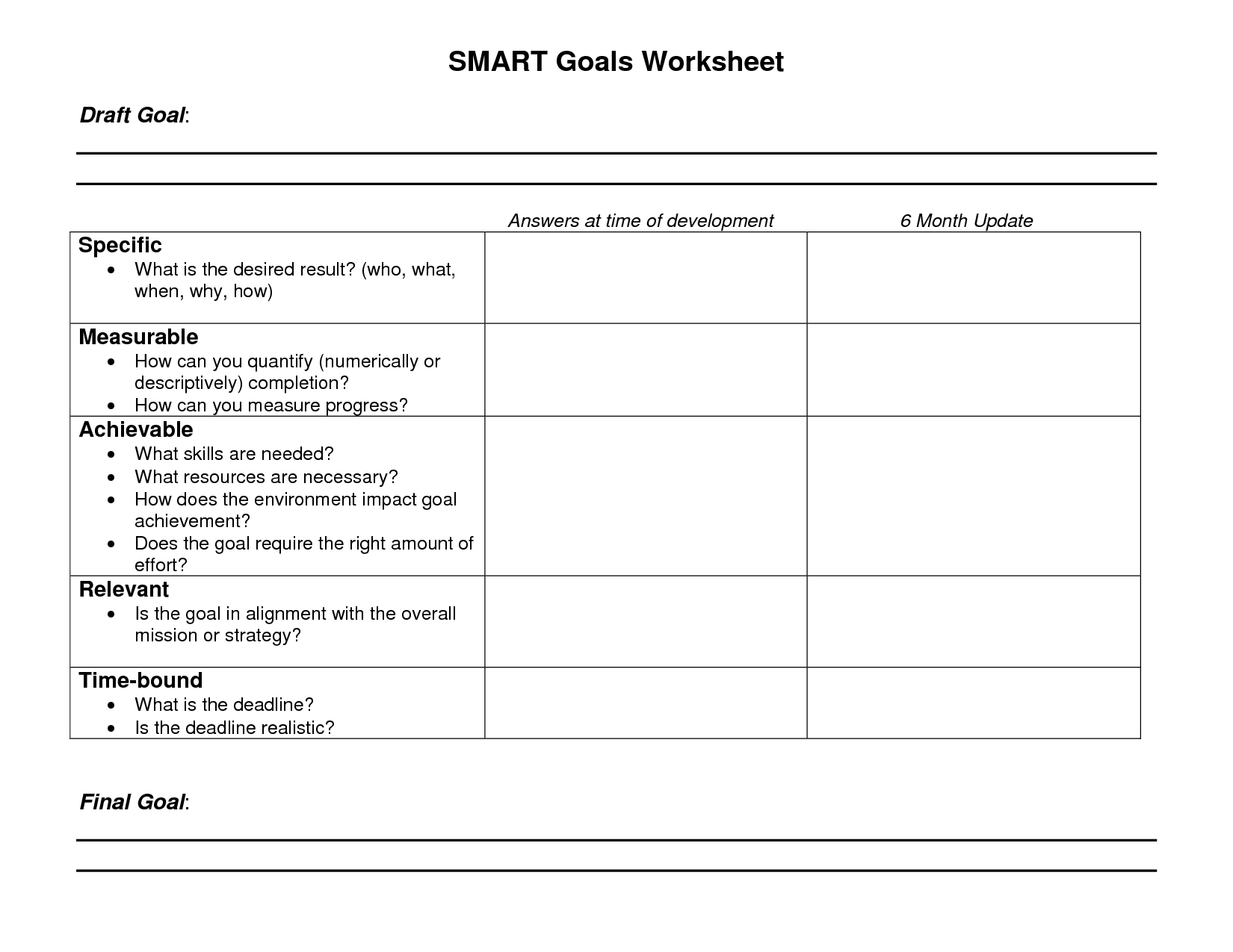 Smart Goals Worksheet Printable