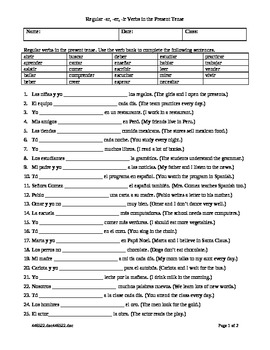 Spanish AR ER Ir Verbs Worksheet