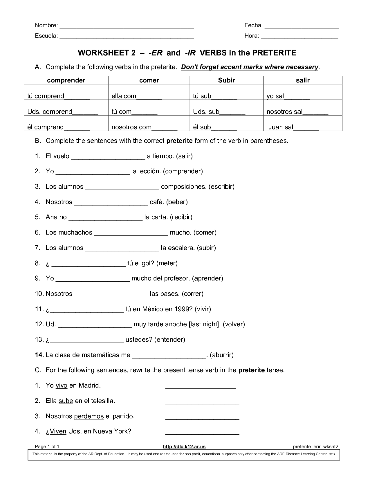 Spanish ER Ir Verb Worksheet