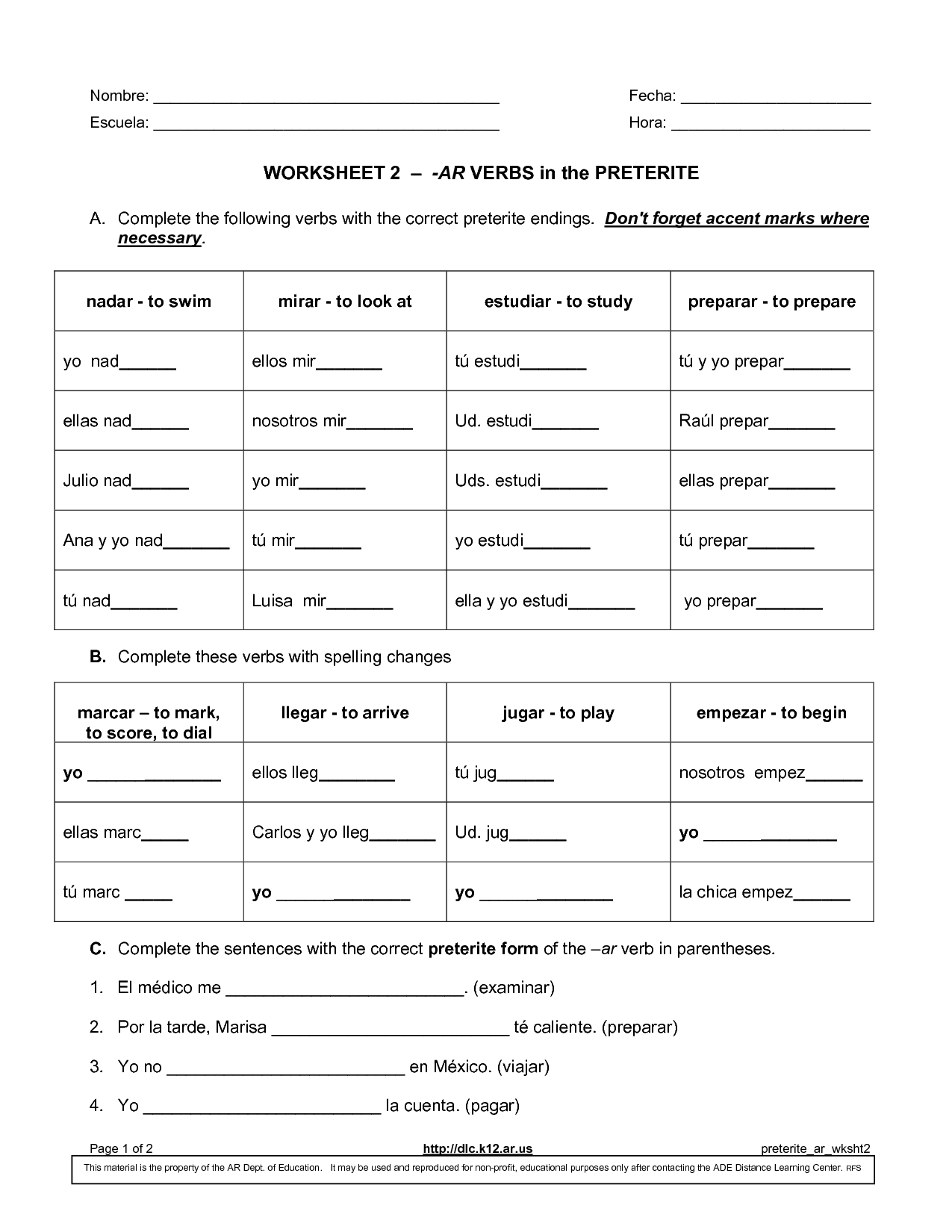 Spanish Conjugation Practice Sheets