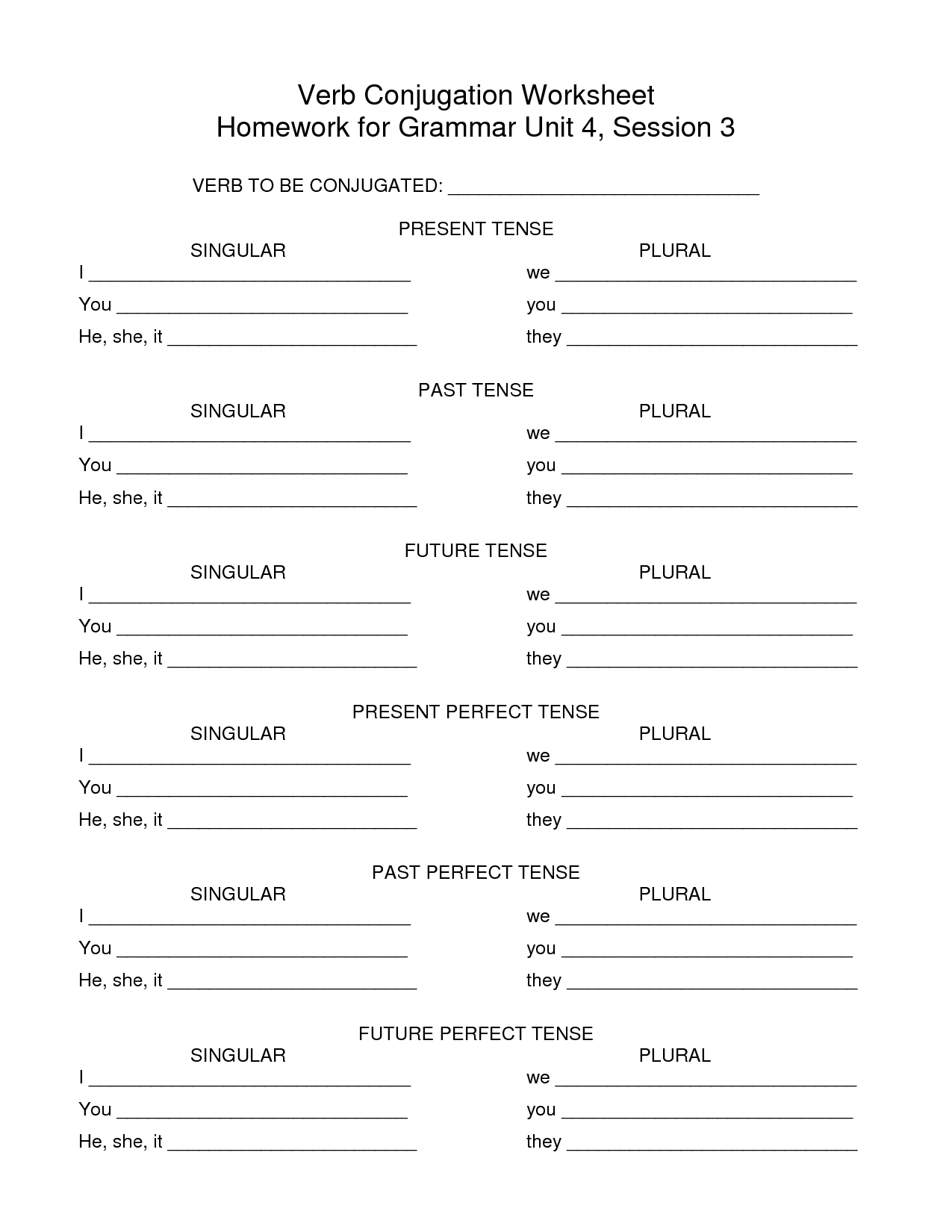 Spanish Verb Conjugation Worksheets Blank