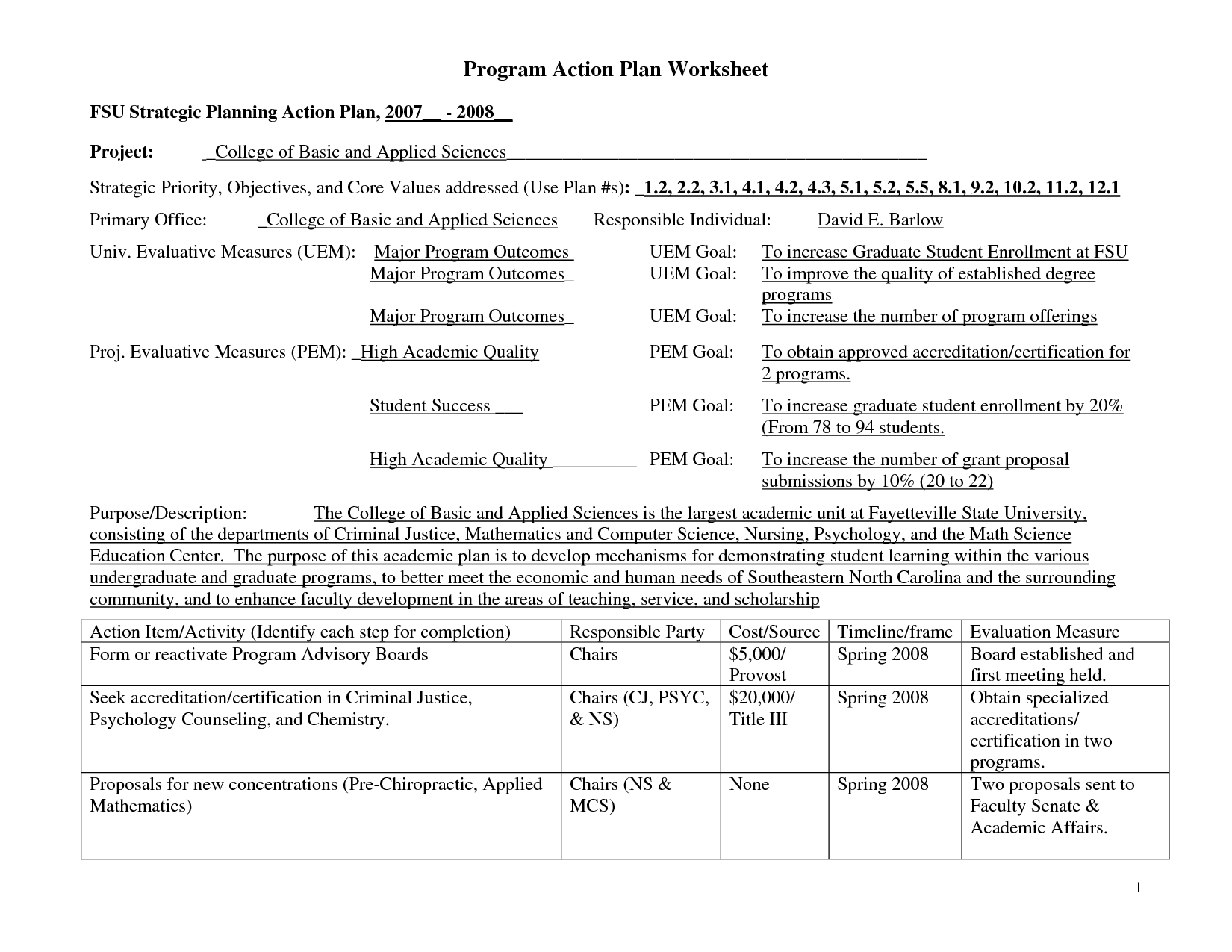 Strategic Planning Action Plan Worksheet Template