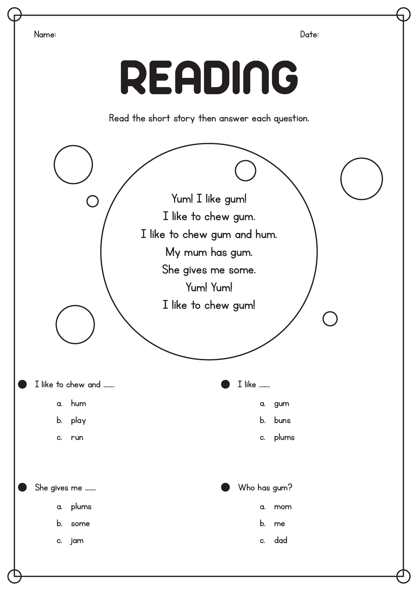 1st Grade Printable Reading Worksheets