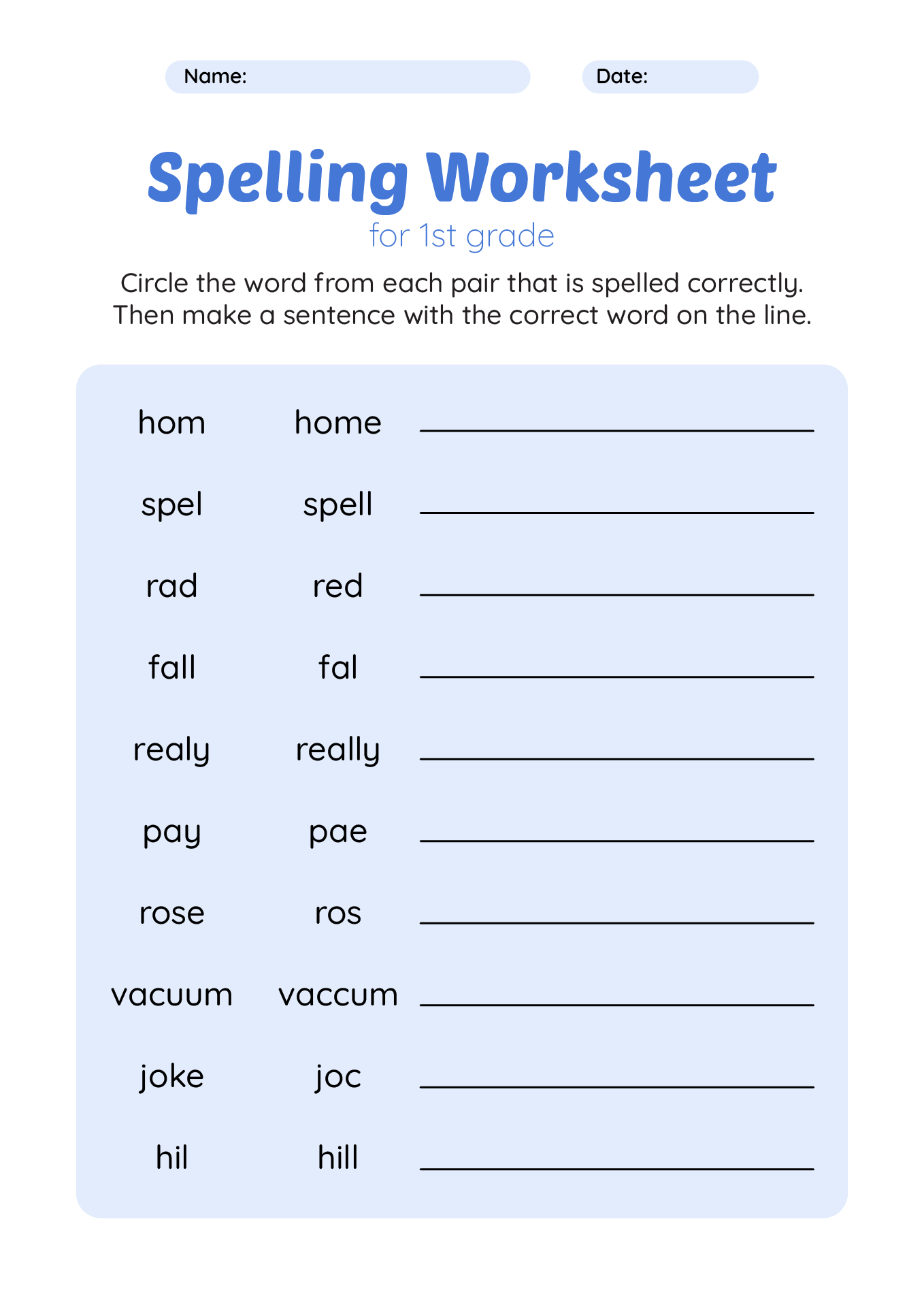 1st Grade Spelling Worksheets Printable