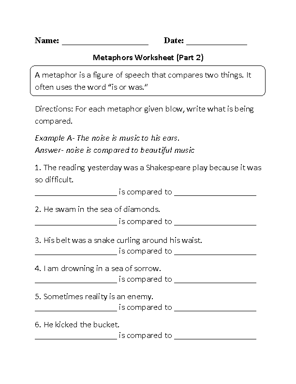 6th-Grade Simile Metaphor Worksheets