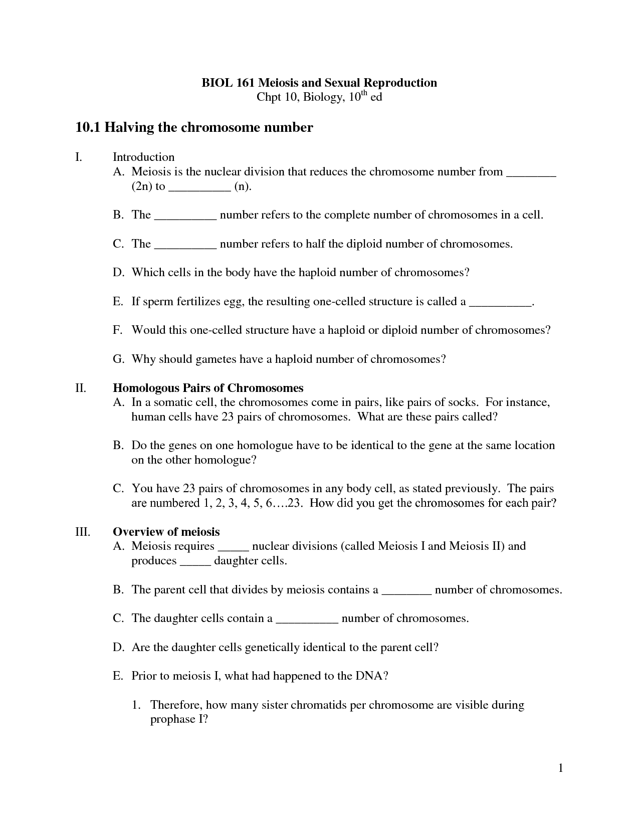 Chromosomes Cell Division Worksheet