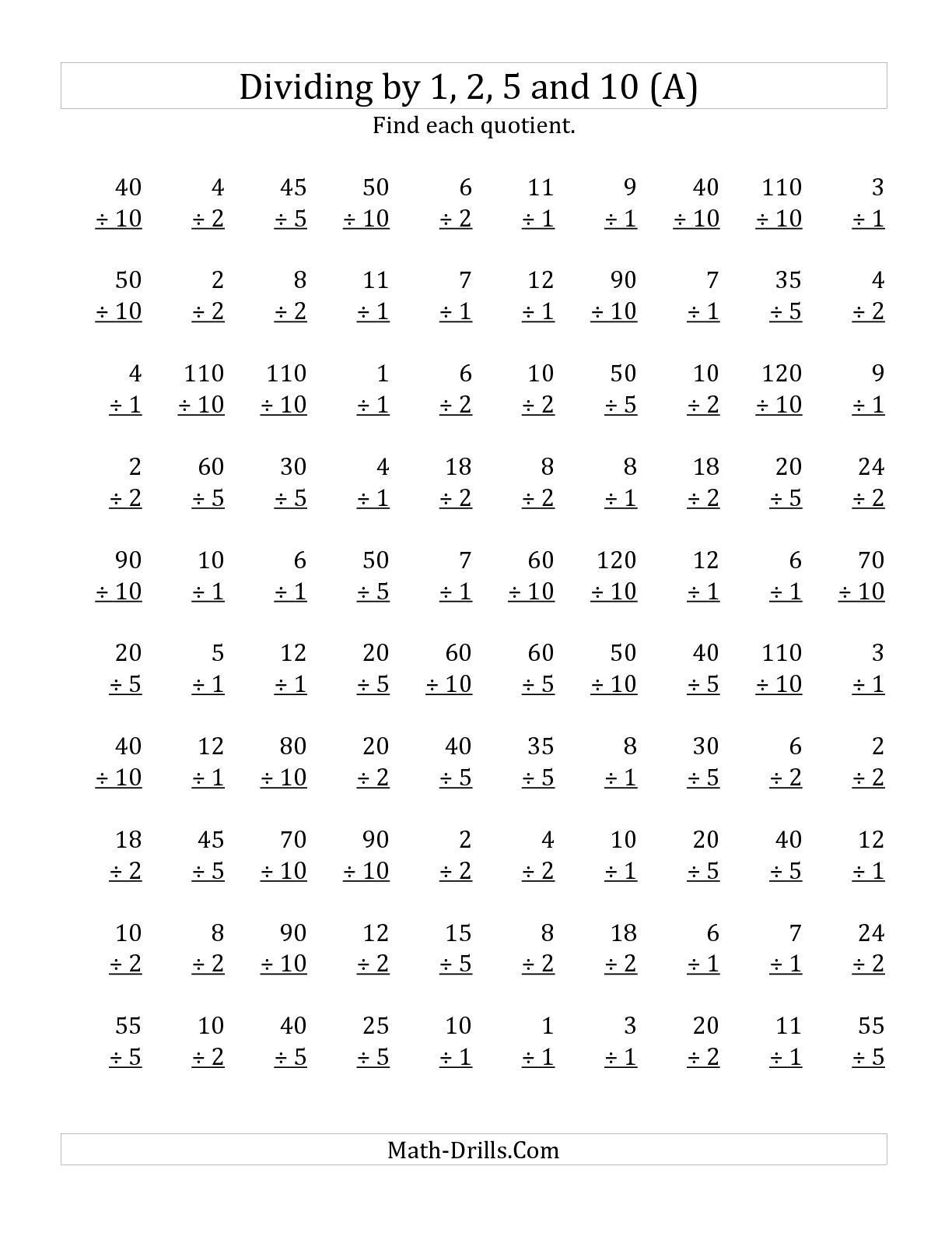 Division by 2 5 10 Worksheets