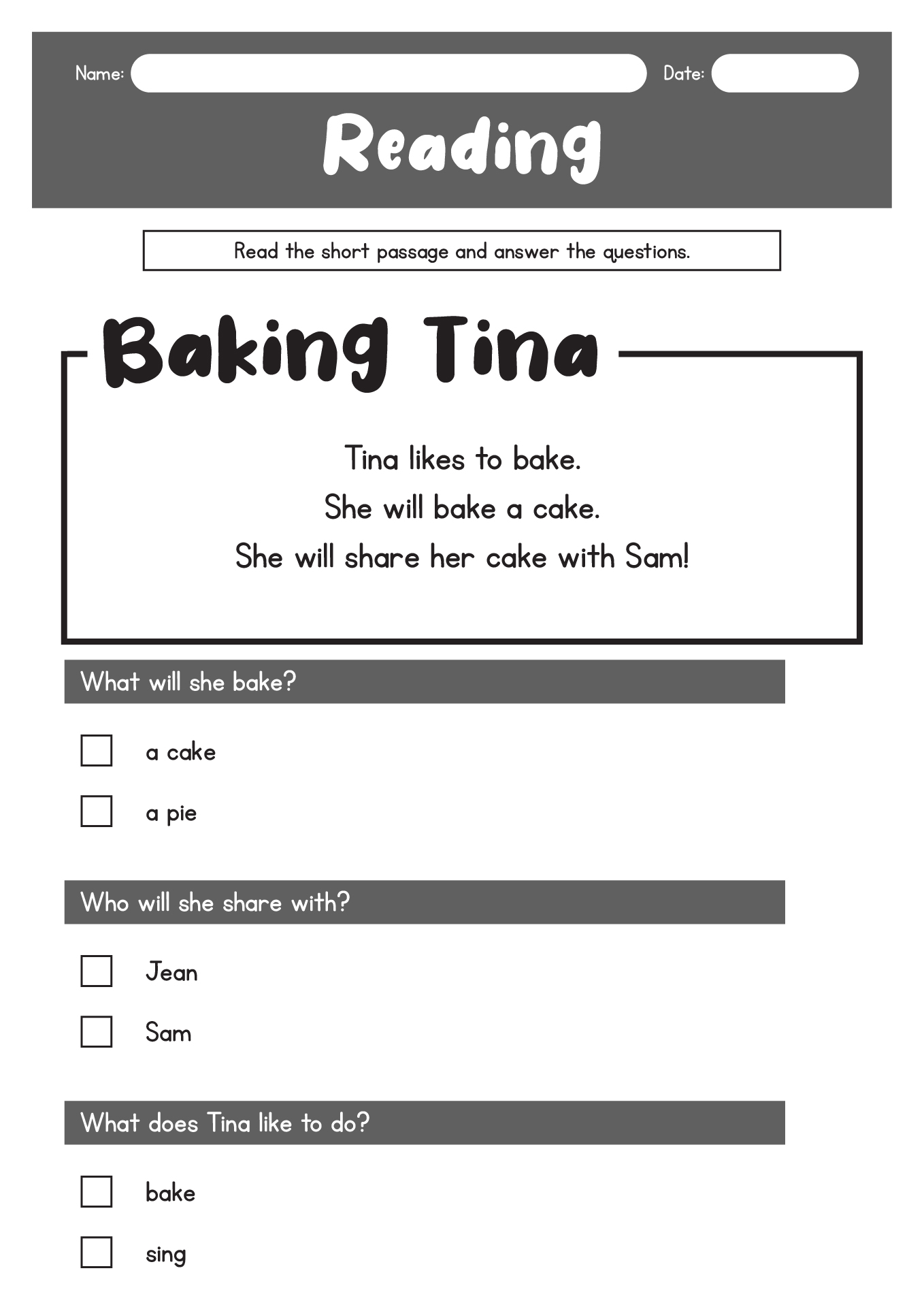 Kindergarten Grade Reading Worksheets