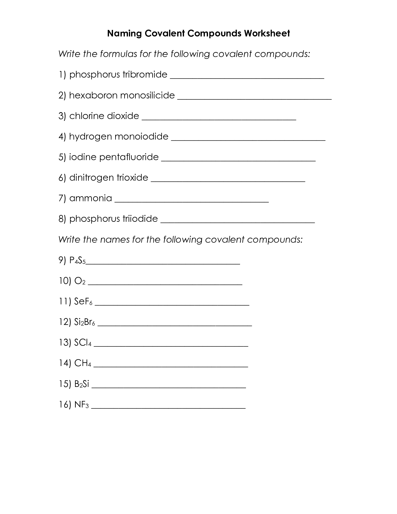 Naming Covalent Compounds Worksheet