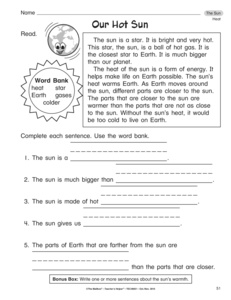 Sun Reading Comprehension Worksheets