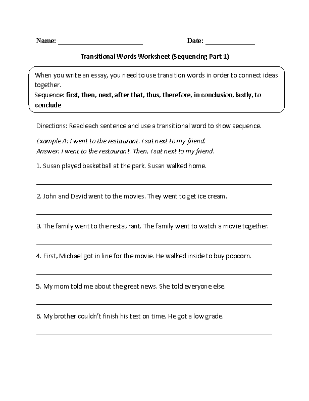 Transition Words Worksheet