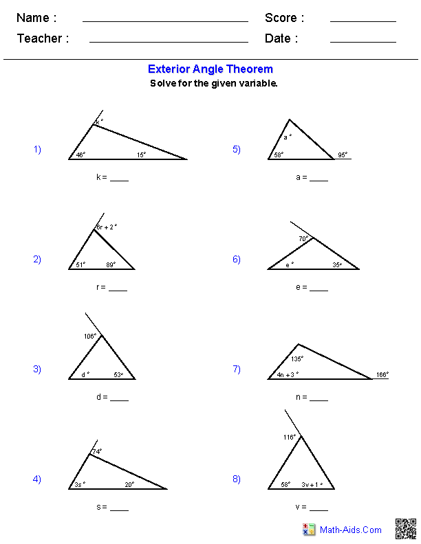 Triangle Angle Sum Theorem Worksheet