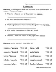 Antonym Worksheets for 3rd Grade