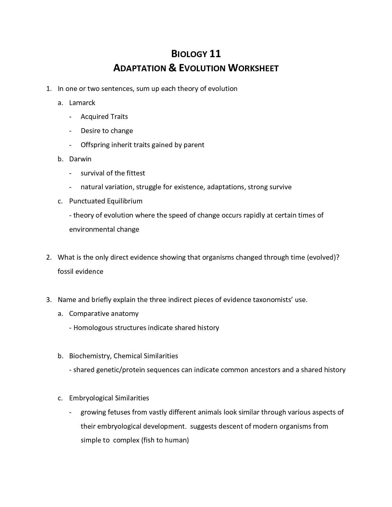 Evolution Worksheet Answers