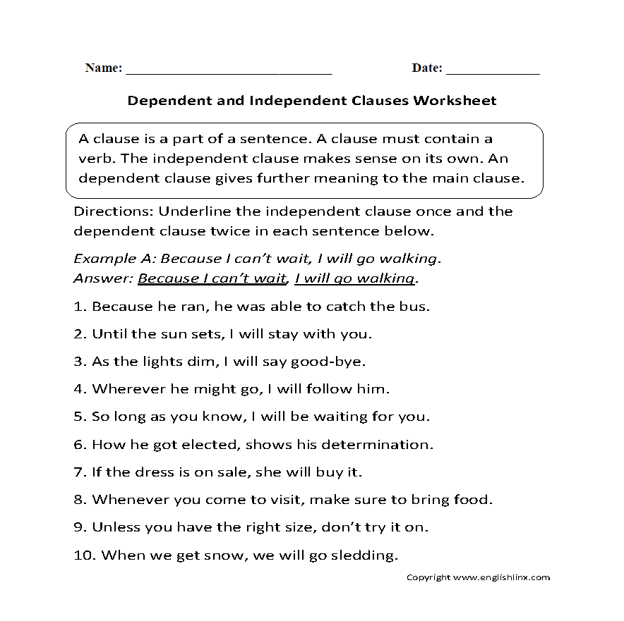 Independent and Dependent Clauses Sentences