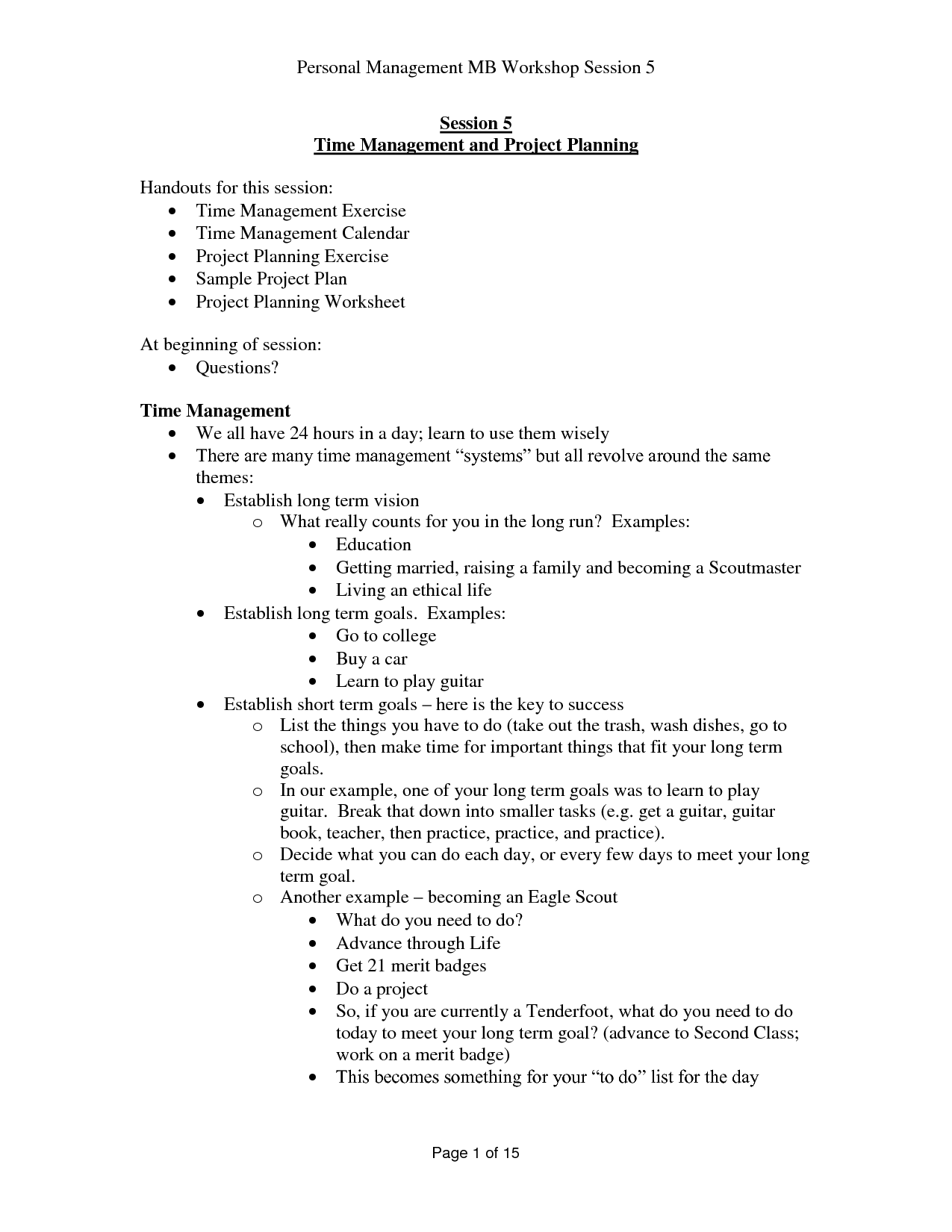 Personal Time Management Worksheet