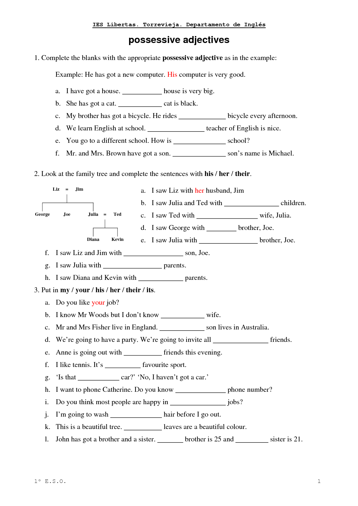 Possessive Adjectives Pronouns Exercises